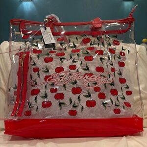 Ed Hardy Cherry Red Transparent Tote Bag Straps with Clear Zip Pouch NWT